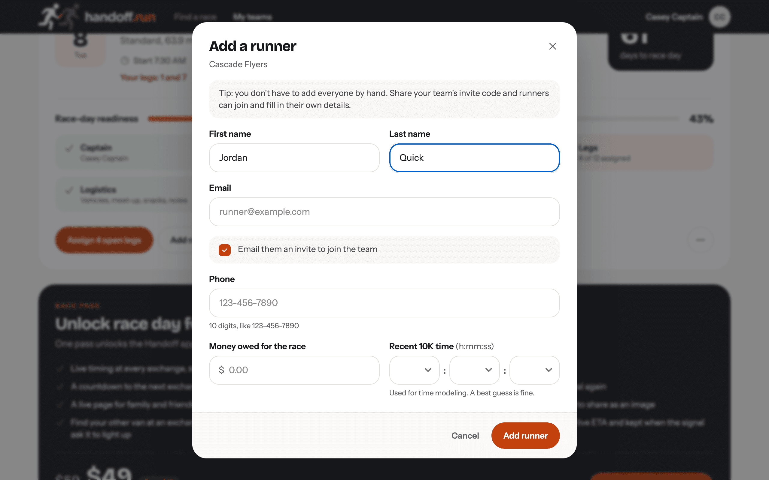 The add runner dialog with a new runner’s name filled in