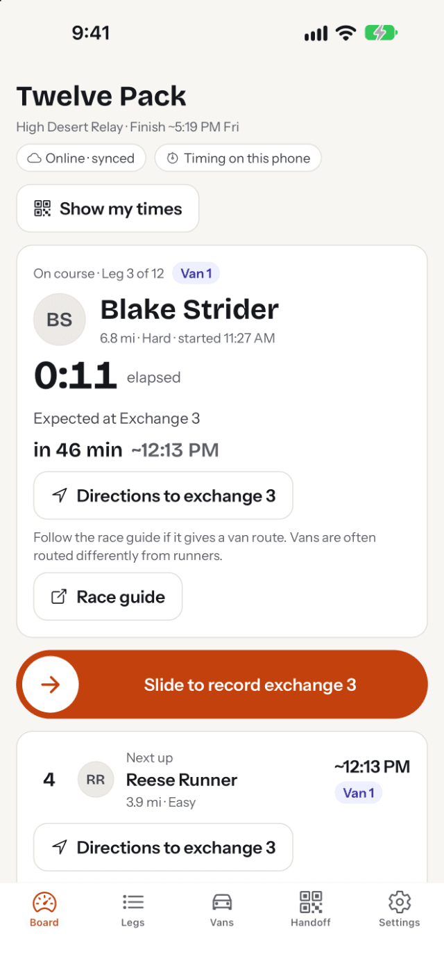 The race board after two handoffs, with Blake on leg 3 and every later time and the finish re-projected